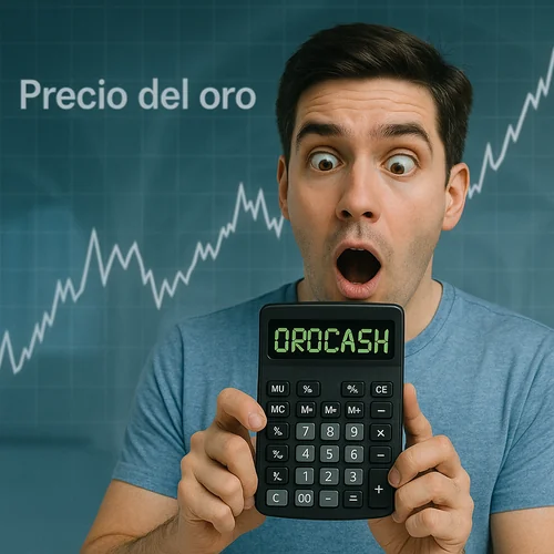 Hombre con calculadora, precio del oro