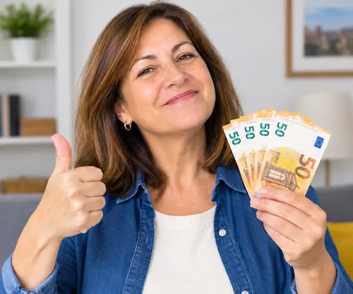 mujer con dinero feliz