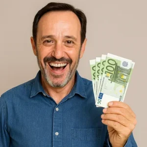 Hombre feliz con euros tras vender su oro en máximos